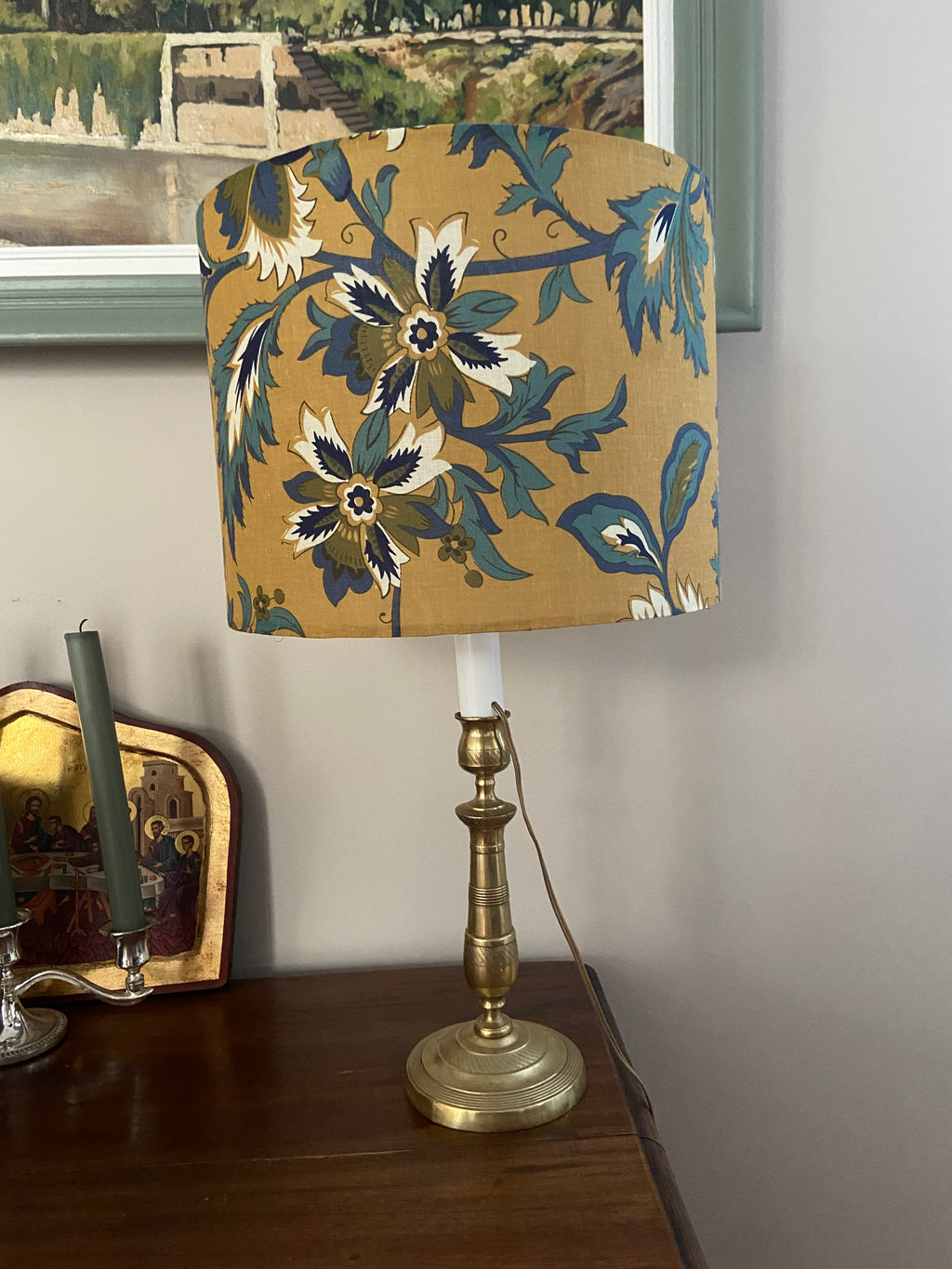 Lampe laiton et son Abat-jour fleuri