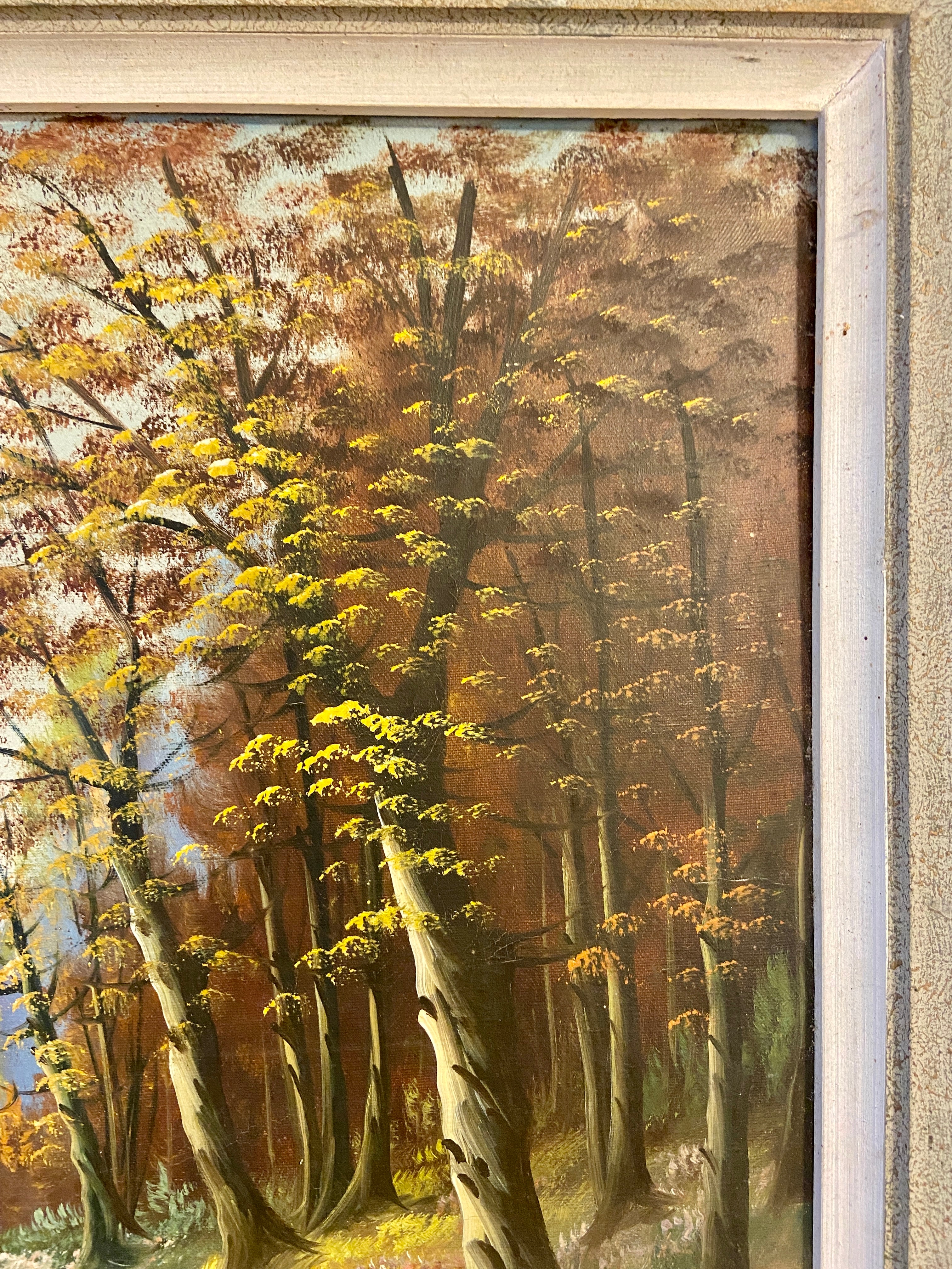 Tableau ancien – Scène de vie en forêt, tons d’automne