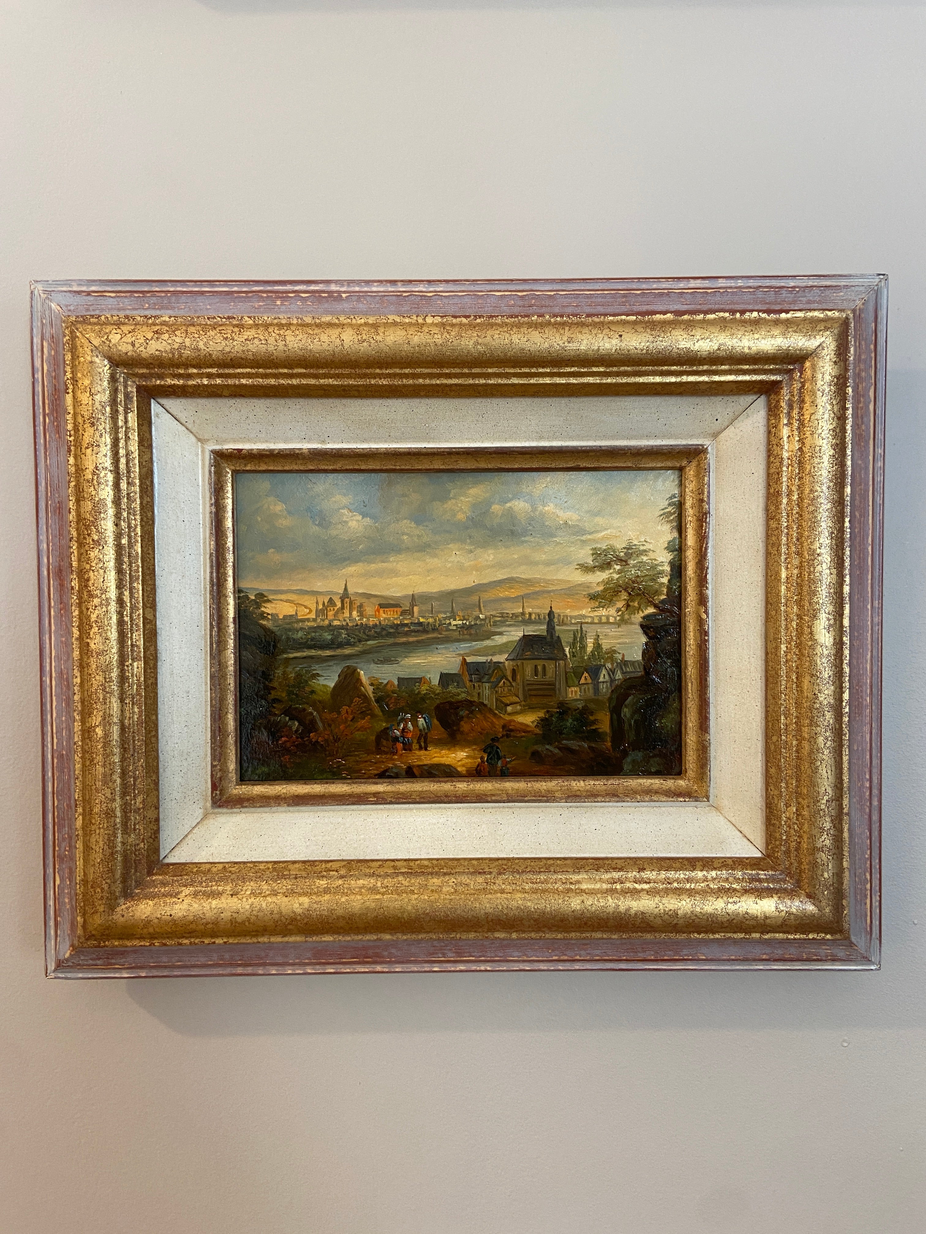 Huile sur panneau – École européenne Paysage au clocher, lumière du soir 29 x 24