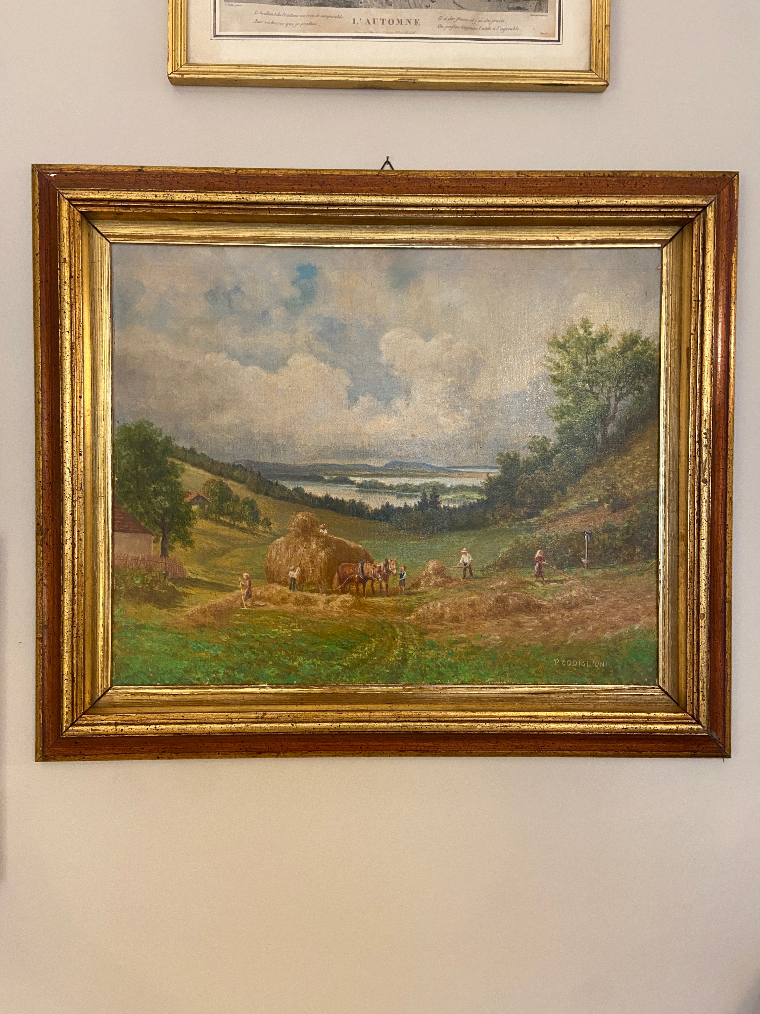 Tableau ancien – Scène de fenaison en vallée