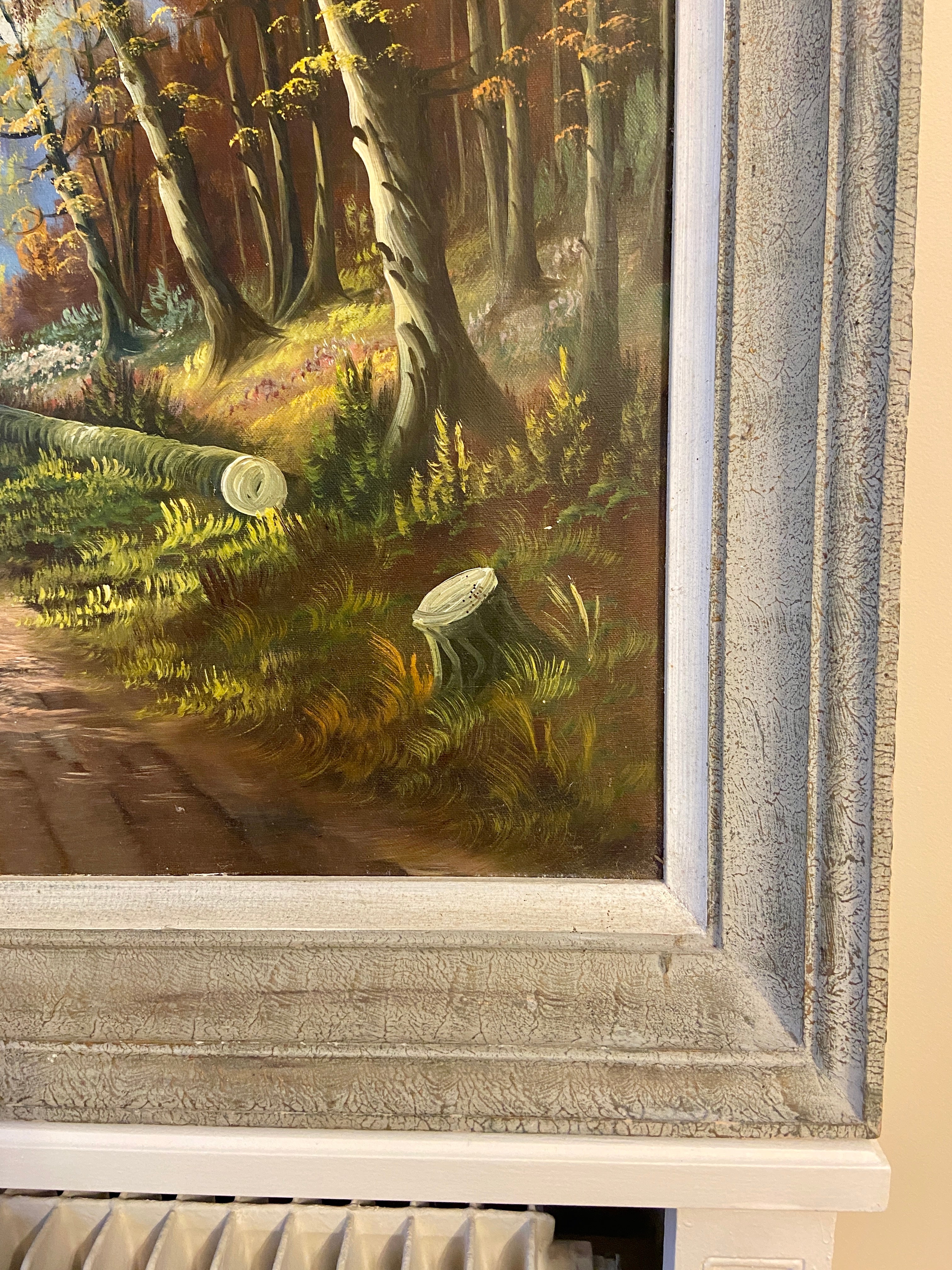 Tableau ancien – Scène de vie en forêt, tons d’automne