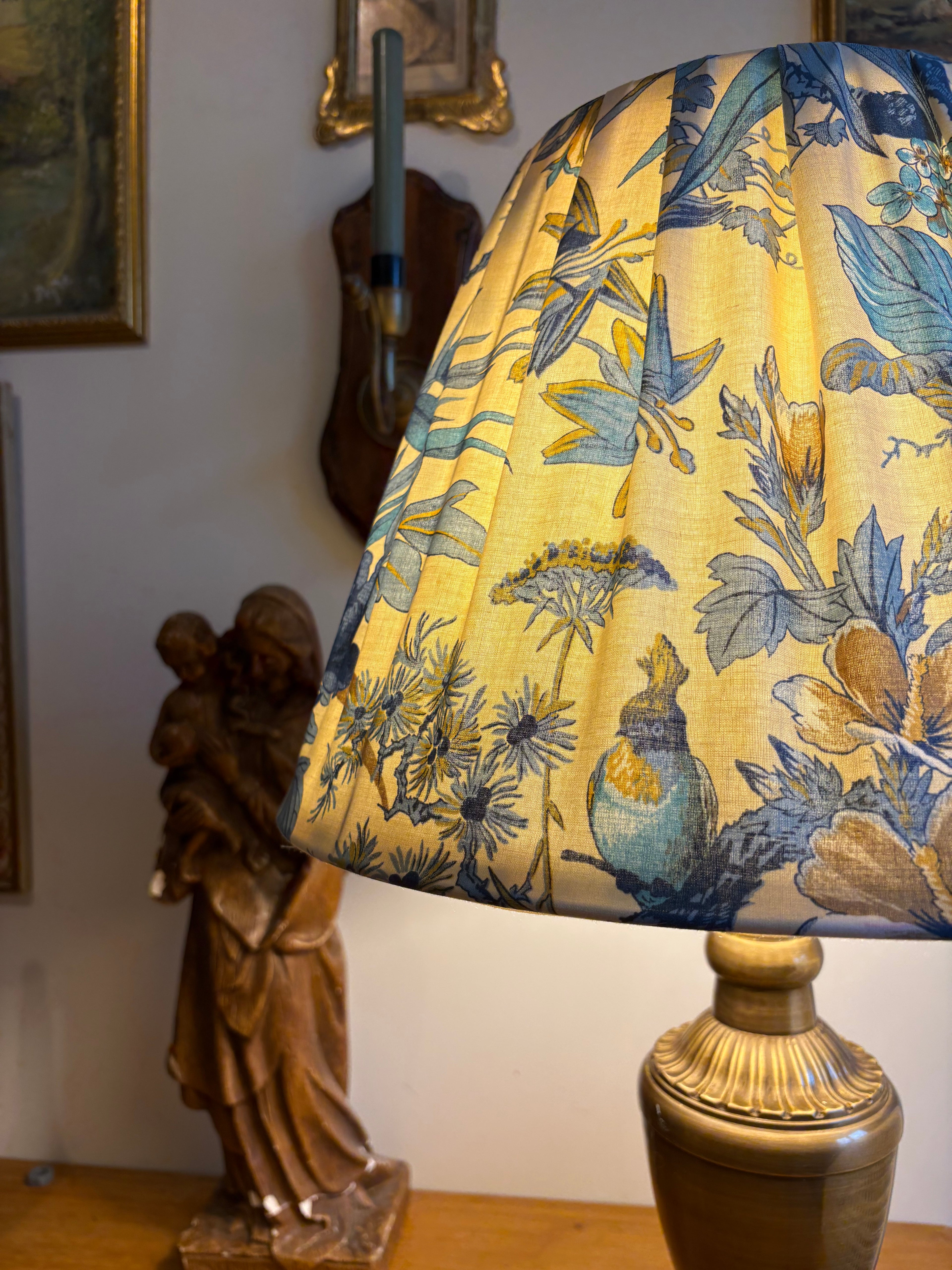 Lampe en laiton patiné & abat-jour confectionné main