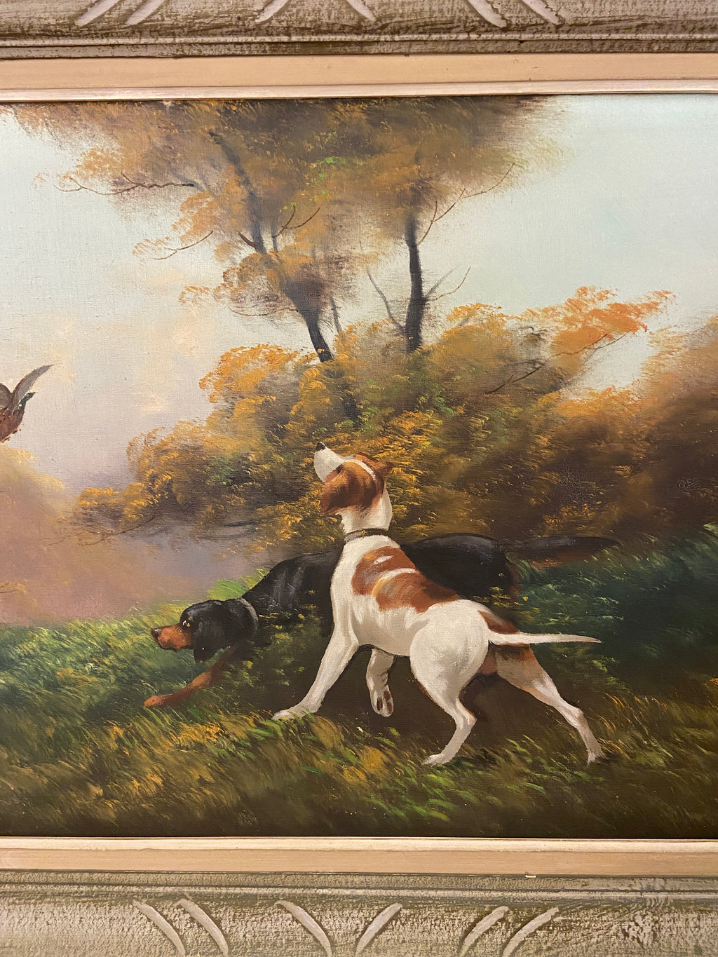 Huile sur toile “Scène de chasse” (65 × 115 cm), Cadre en bois