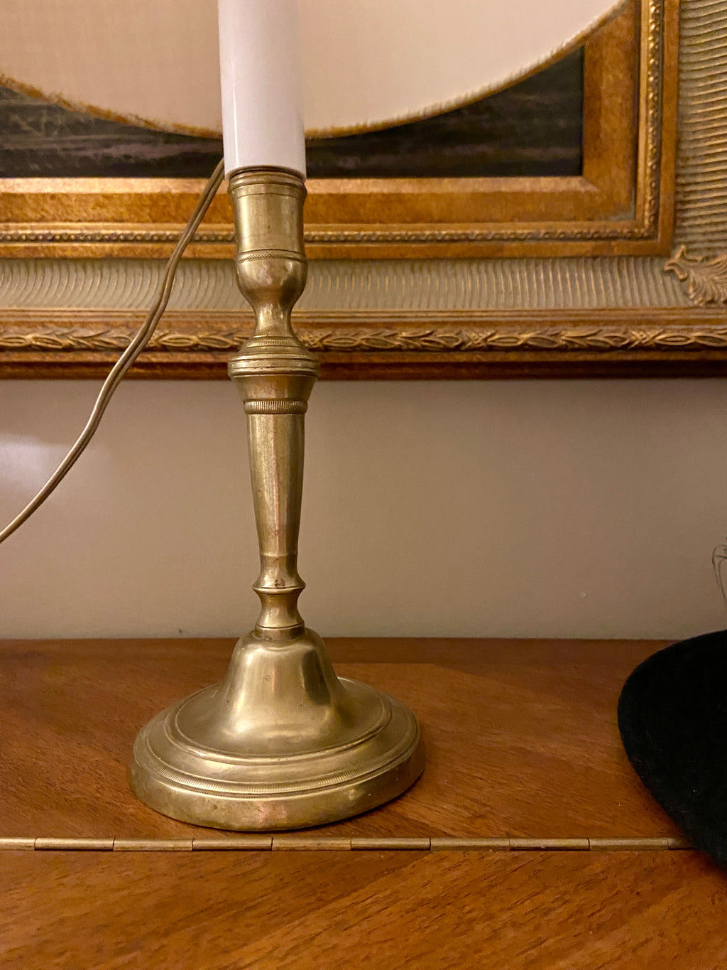 Lampe ancien bougeoir et son abat-jour petit carreaux