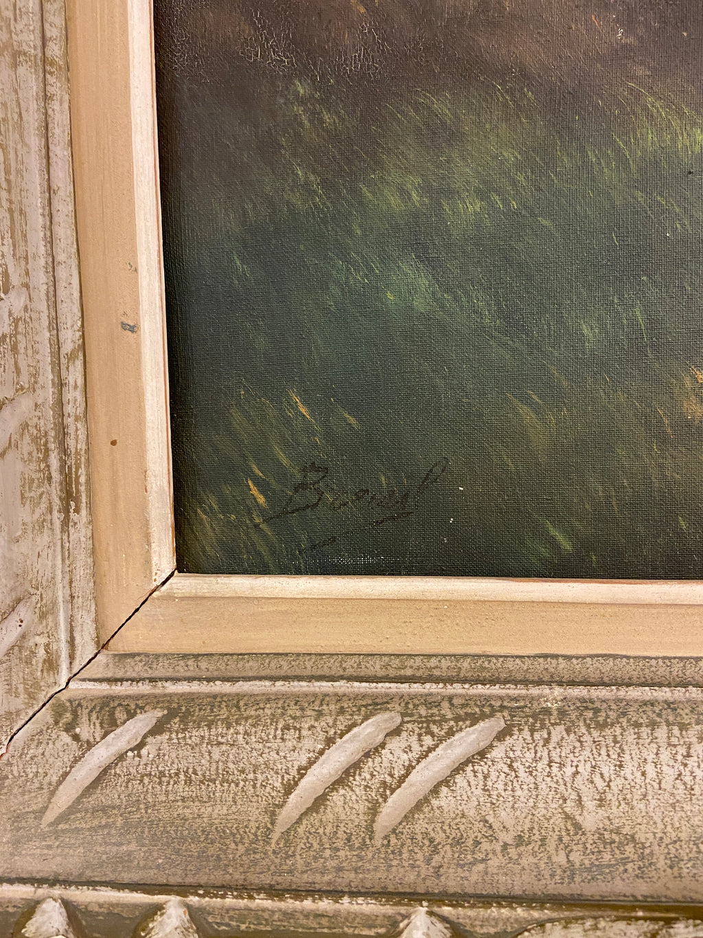 Huile sur toile “Scène de chasse” (65 × 115 cm), Cadre en bois