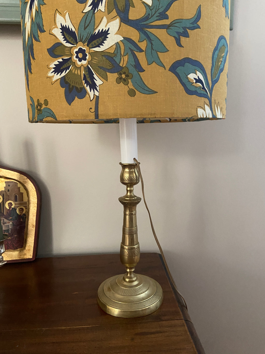 Lampe laiton et son Abat-jour fleuri