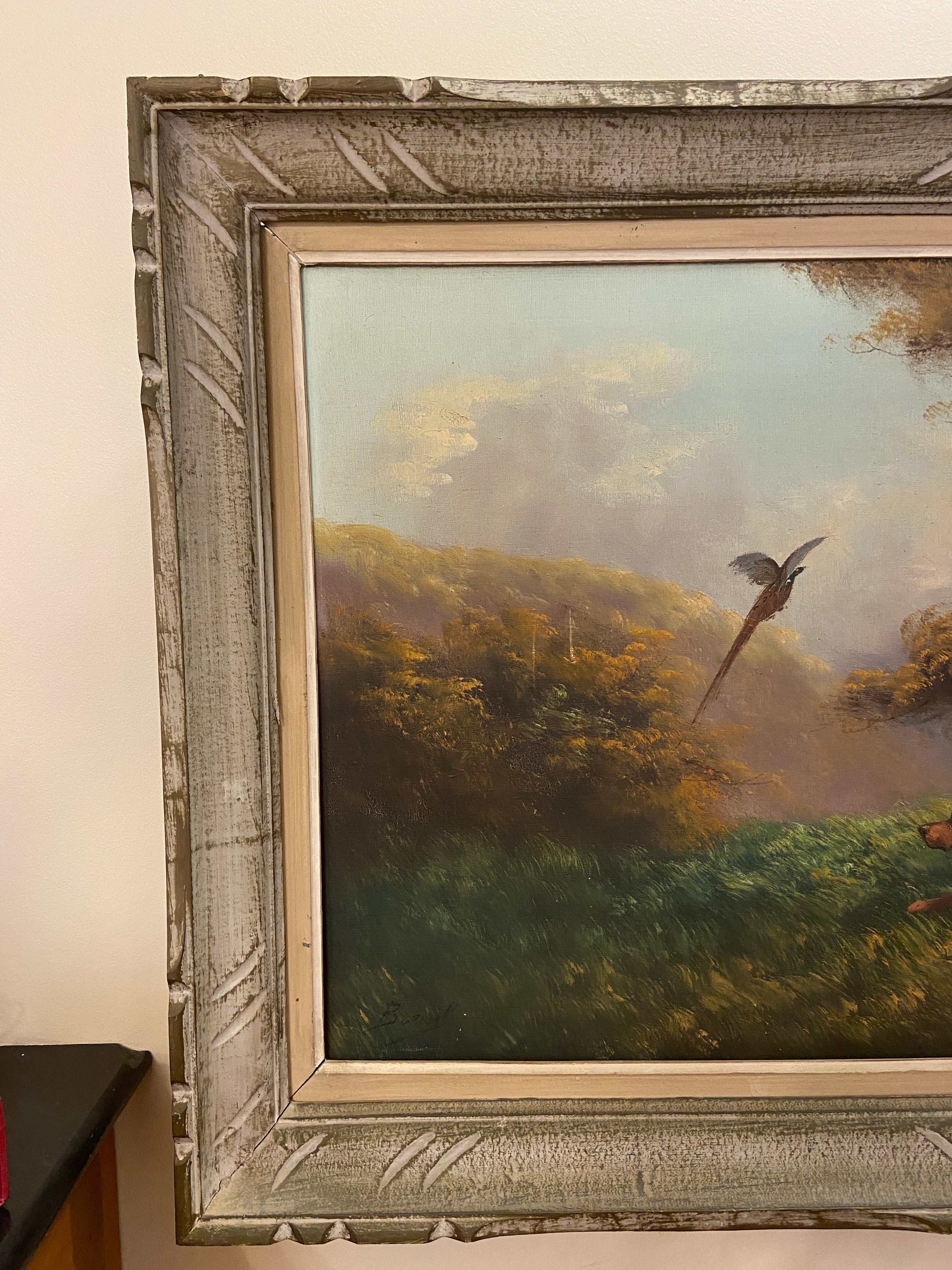 Huile sur toile “Scène de chasse” (65 × 115 cm), Cadre en bois