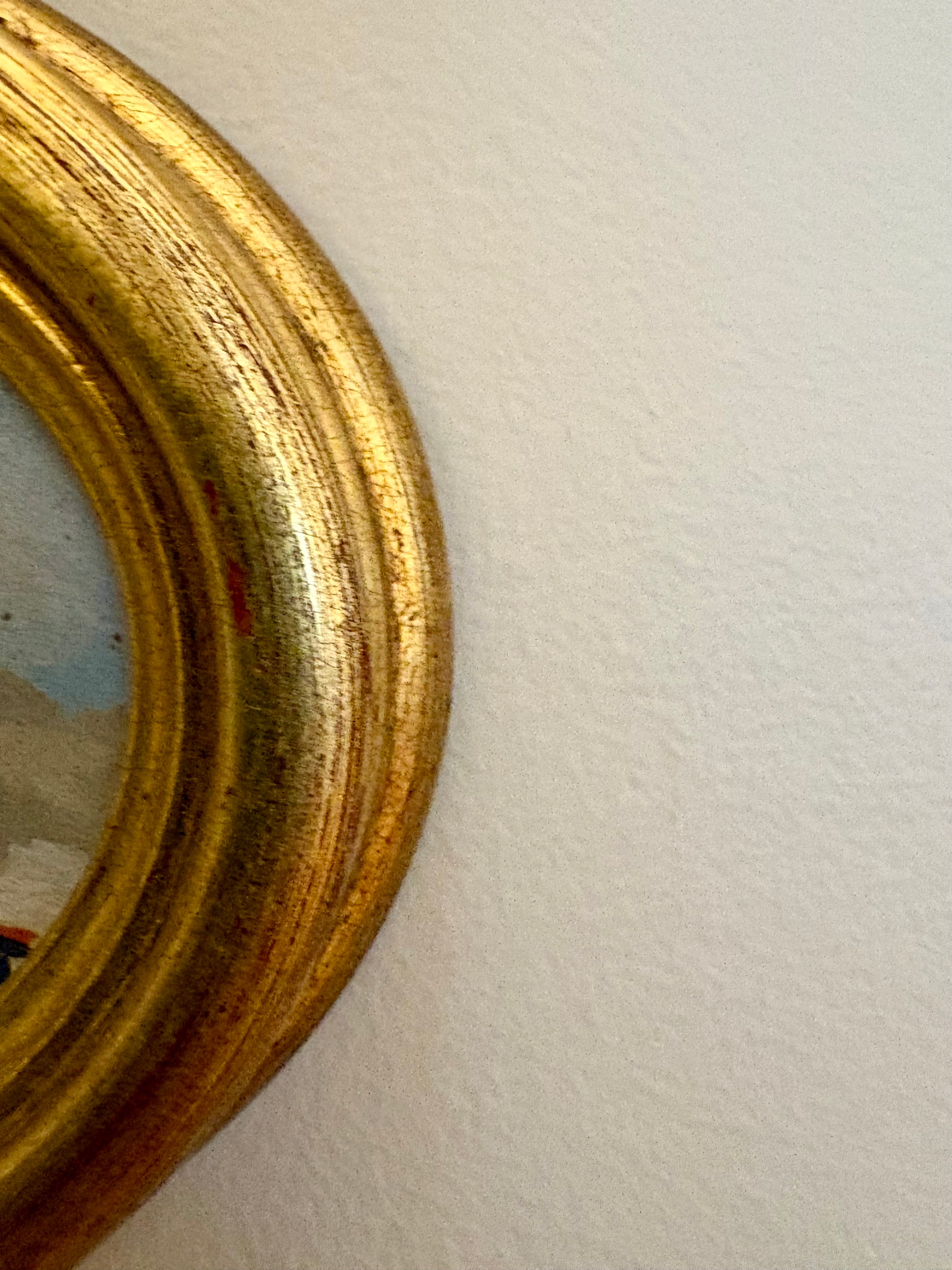 Petit paysage ancien – Huile sur panneau, cadre ovale doré