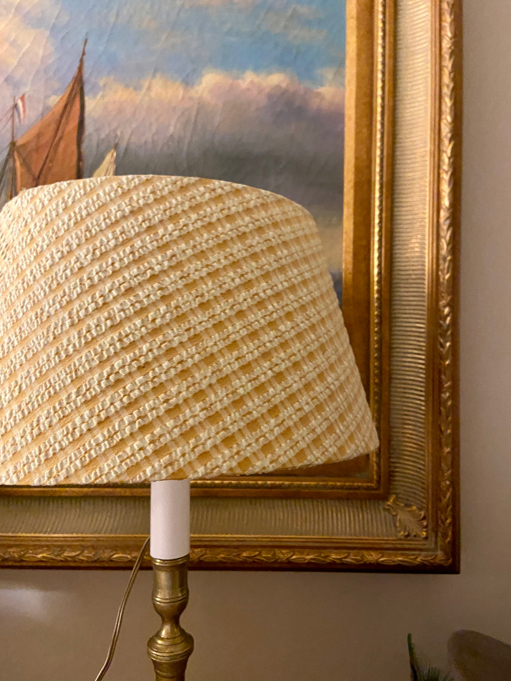 Lampe ancien bougeoir et son abat-jour petit carreaux