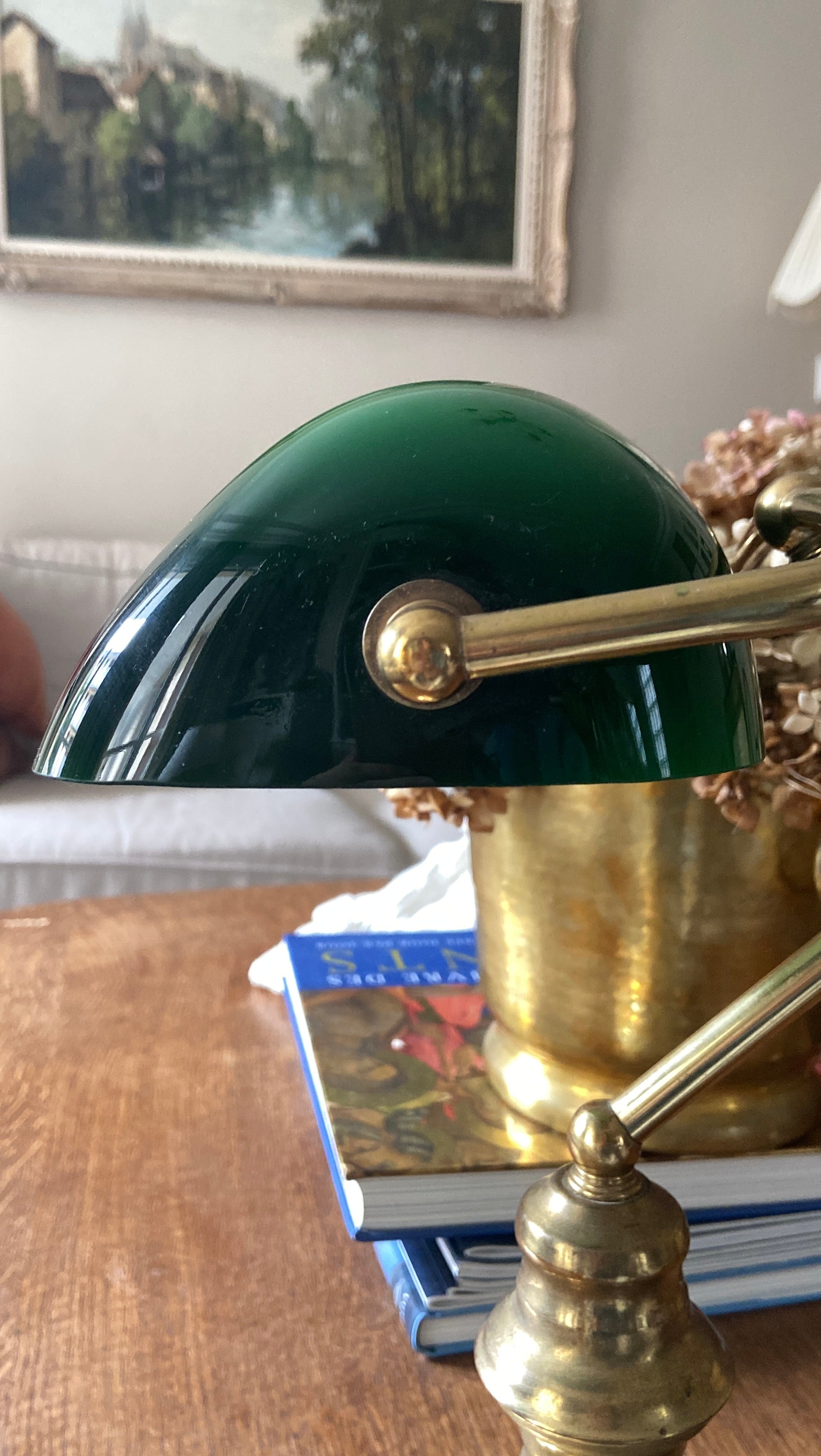 Lampe de bureau en laiton et verre vert