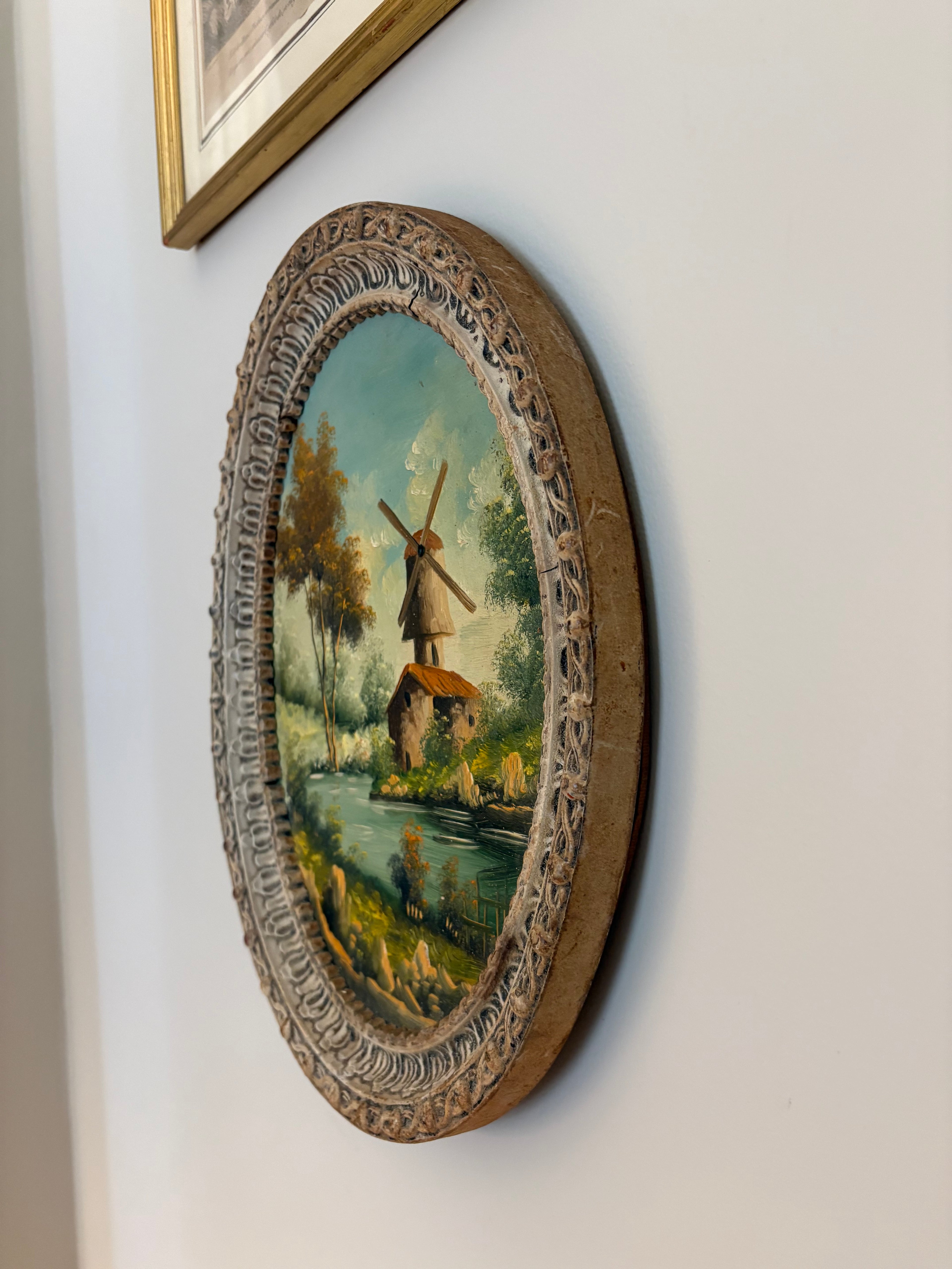 Tableau ovale ancien - Paysage au moulin