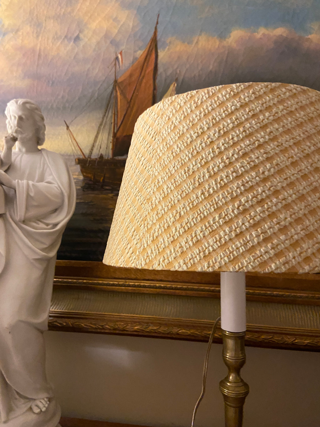 Lampe ancien bougeoir et son abat-jour petit carreaux