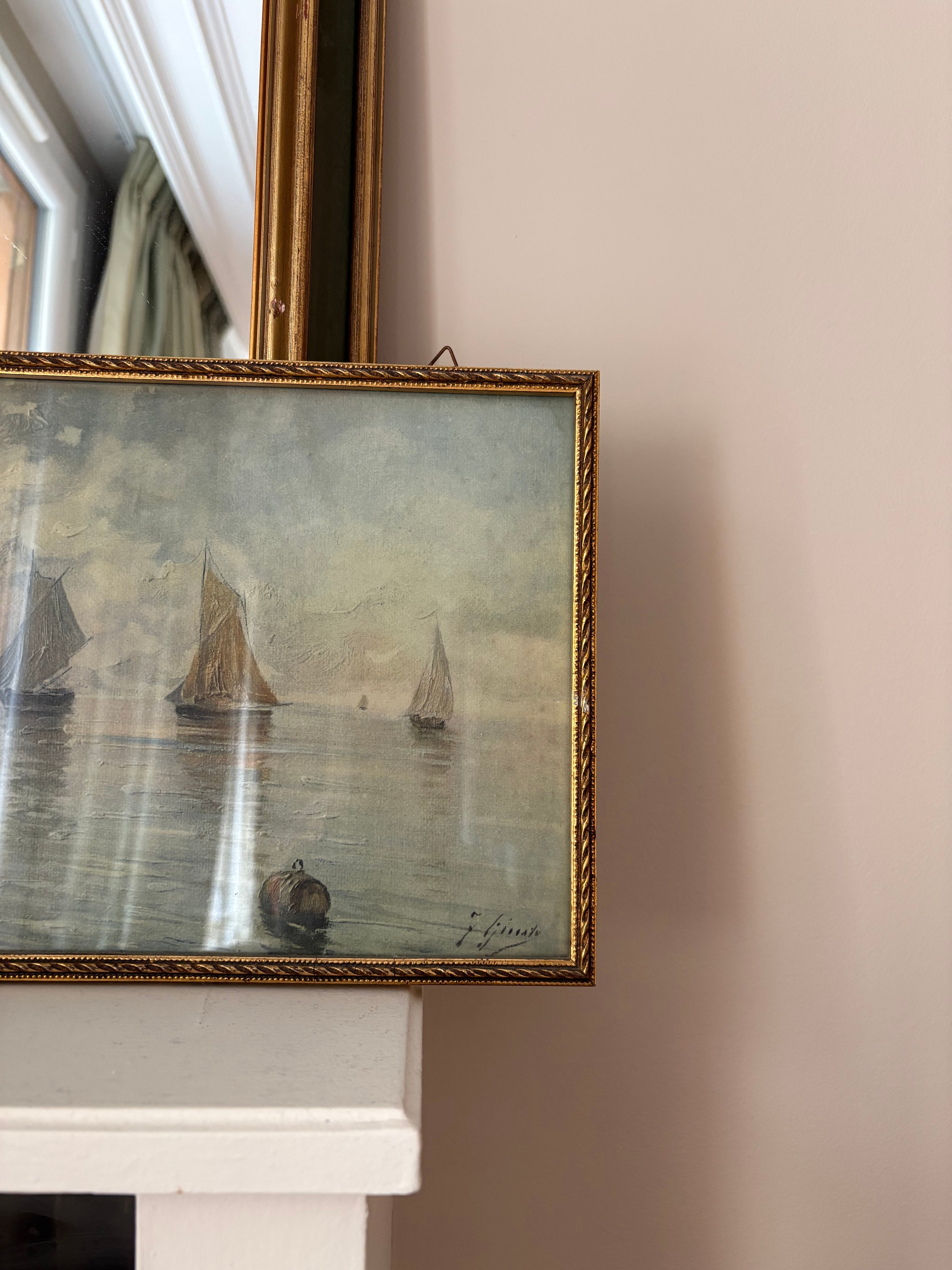 Lithographie signé marine encadrée – Voiliers au calme