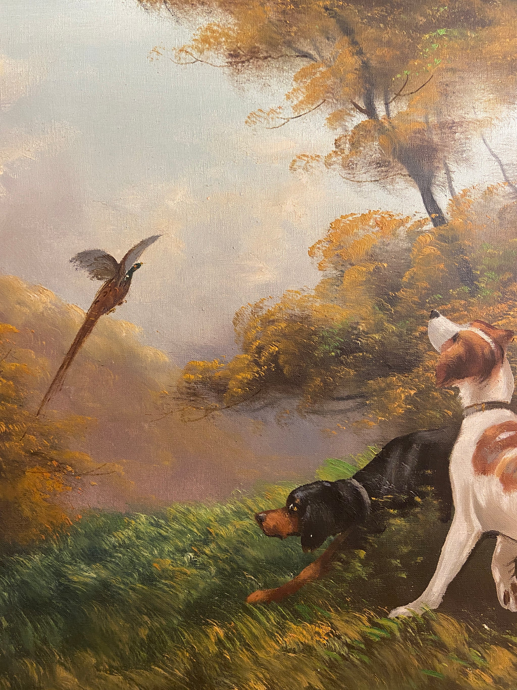 Huile sur toile “Scène de chasse” (65 × 115 cm), Cadre en bois