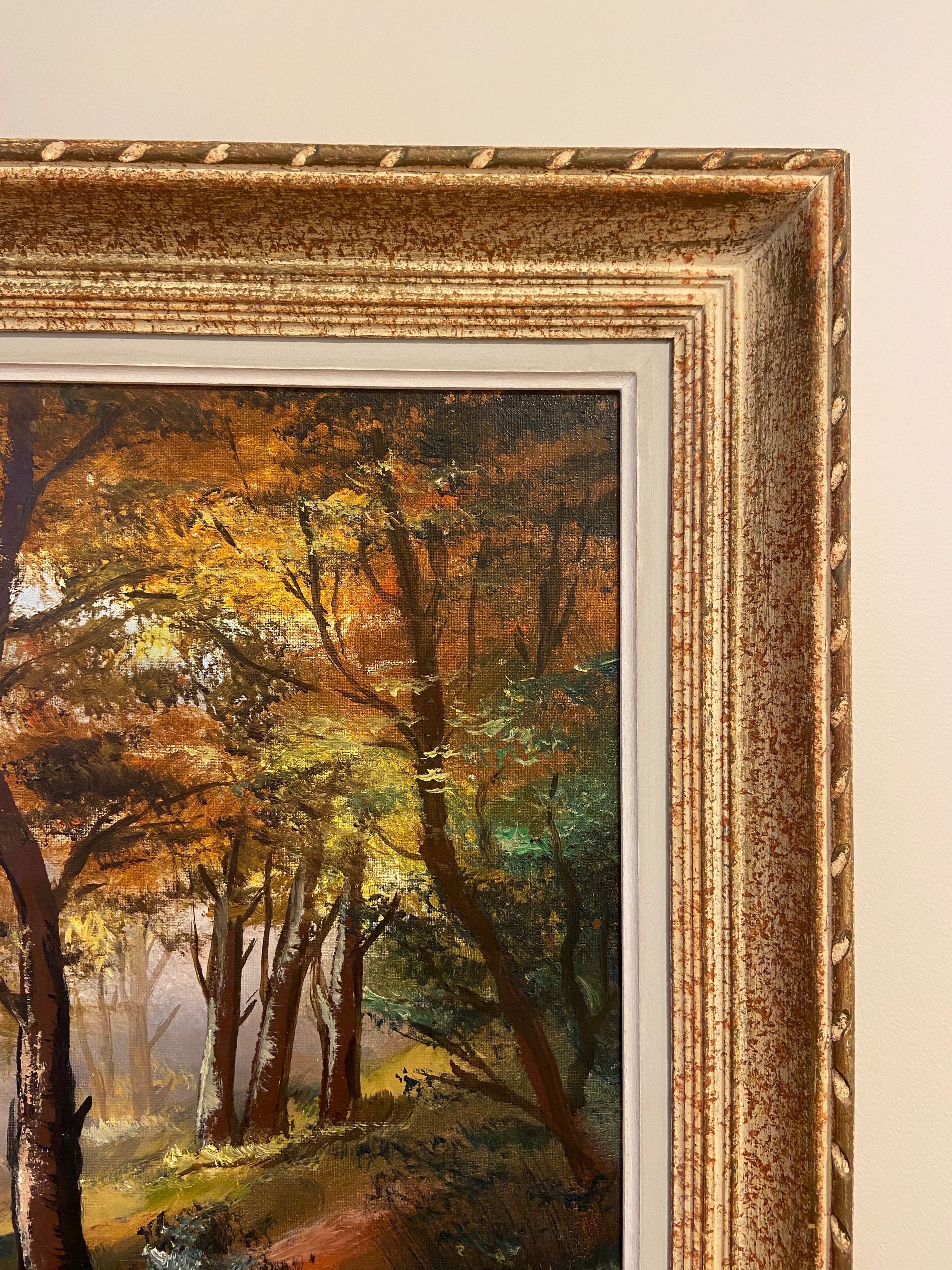 Grand tableau ancien “Sous-bois aux cerfs” — huile sur toile, cadre bois