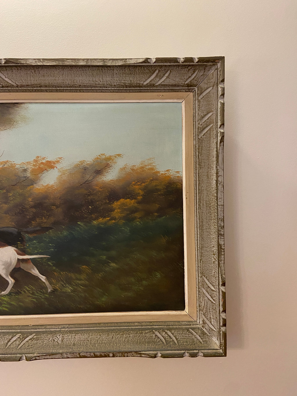 Huile sur toile “Scène de chasse” (65 × 115 cm), Cadre en bois