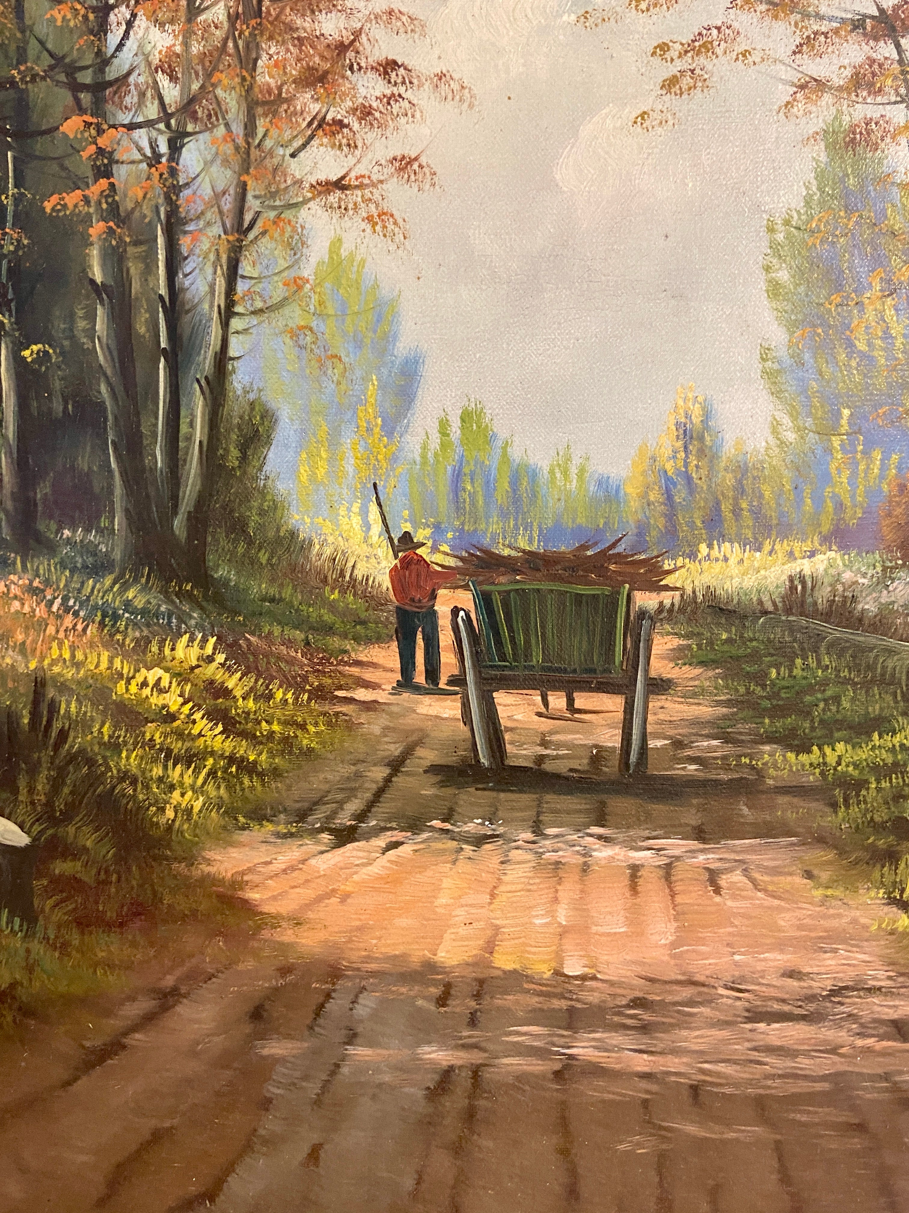 Tableau ancien – Scène de vie en forêt, tons d’automne