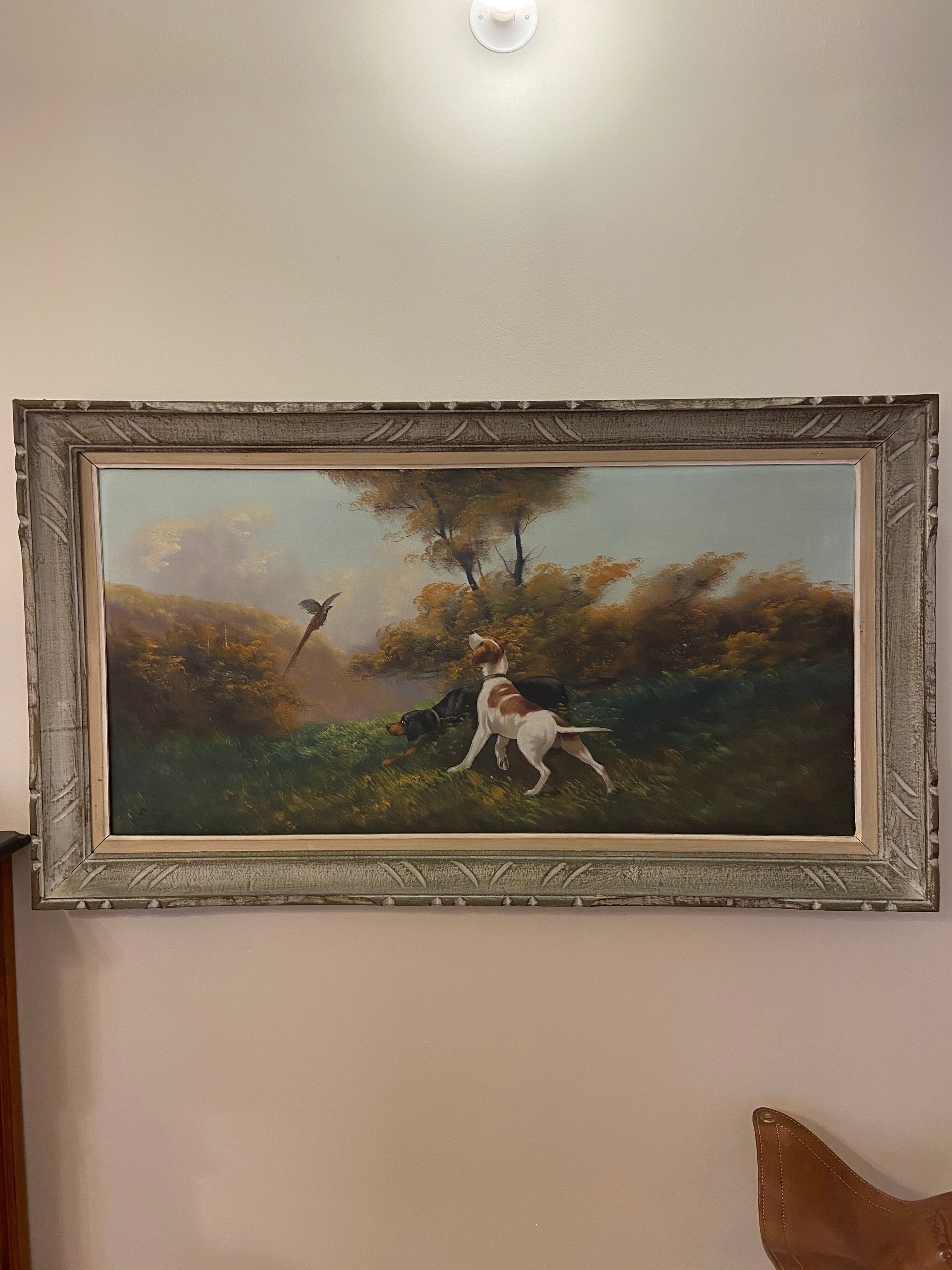 Huile sur toile “Scène de chasse” (65 × 115 cm), Cadre en bois