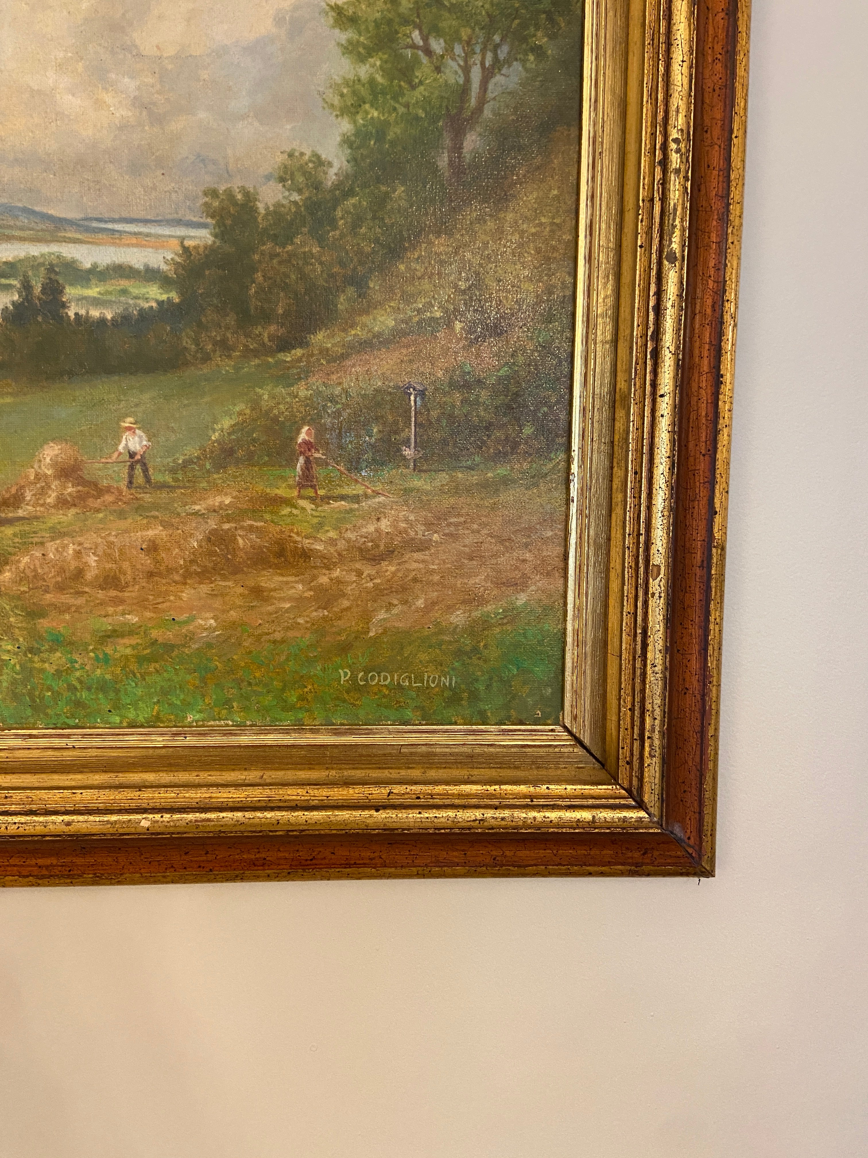 Tableau ancien – Scène de fenaison en vallée