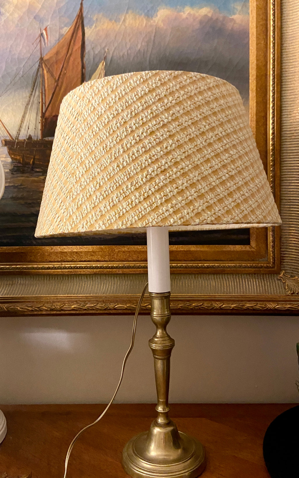 Lampe ancien bougeoir et son abat-jour petit carreaux