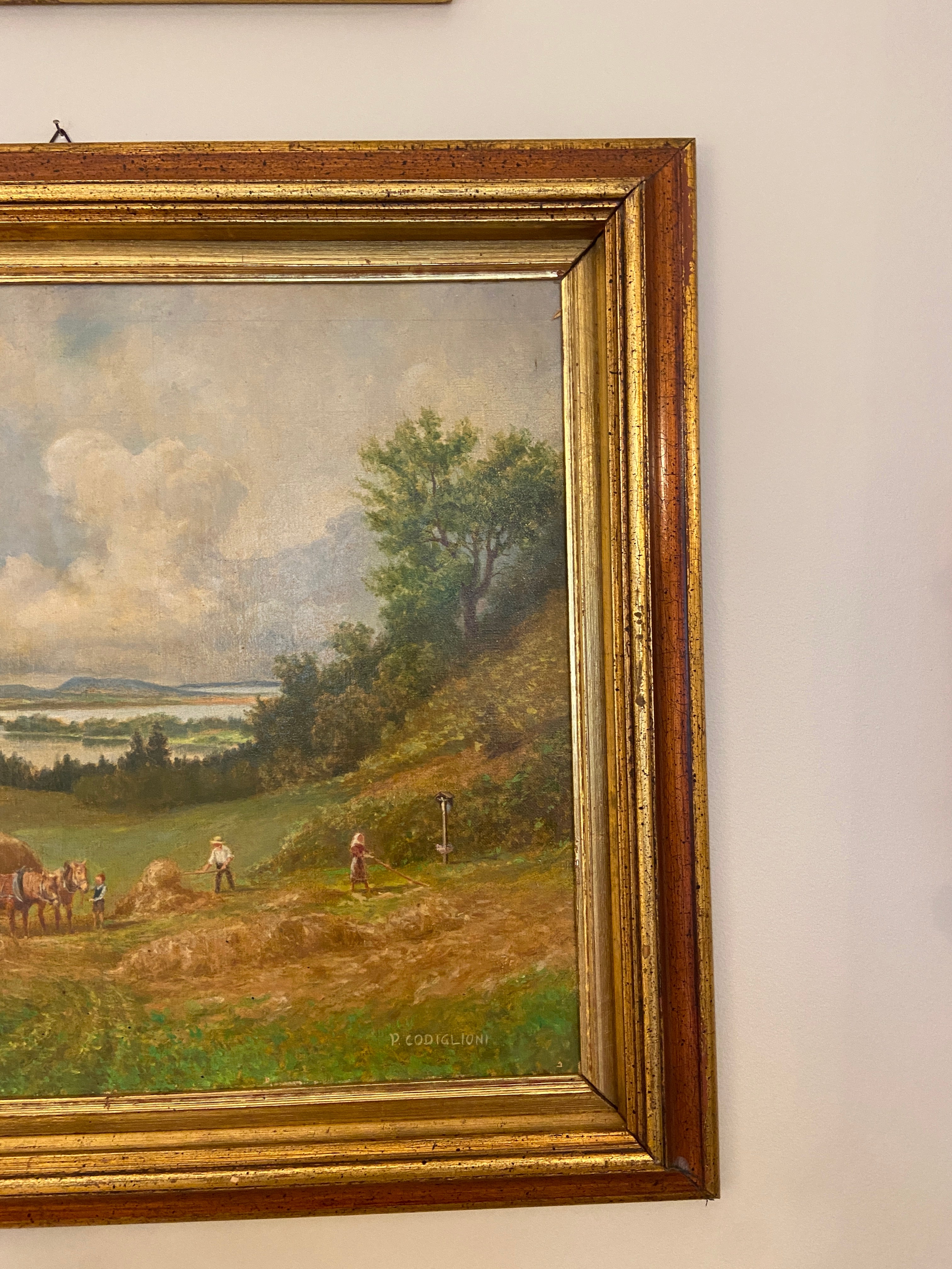 Tableau ancien – Scène de fenaison en vallée