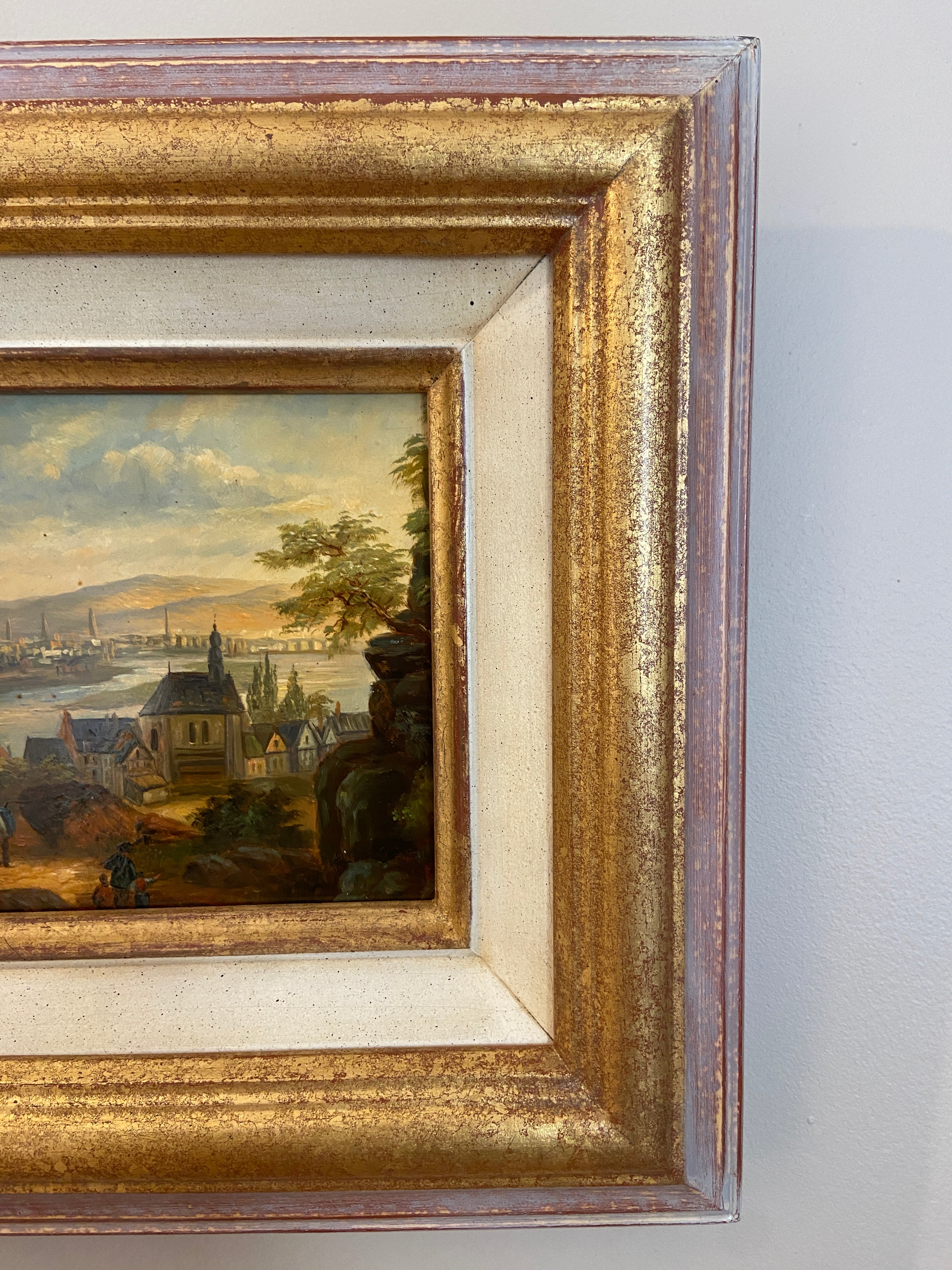 Huile sur panneau – École européenne Paysage au clocher, lumière du soir 29 x 24