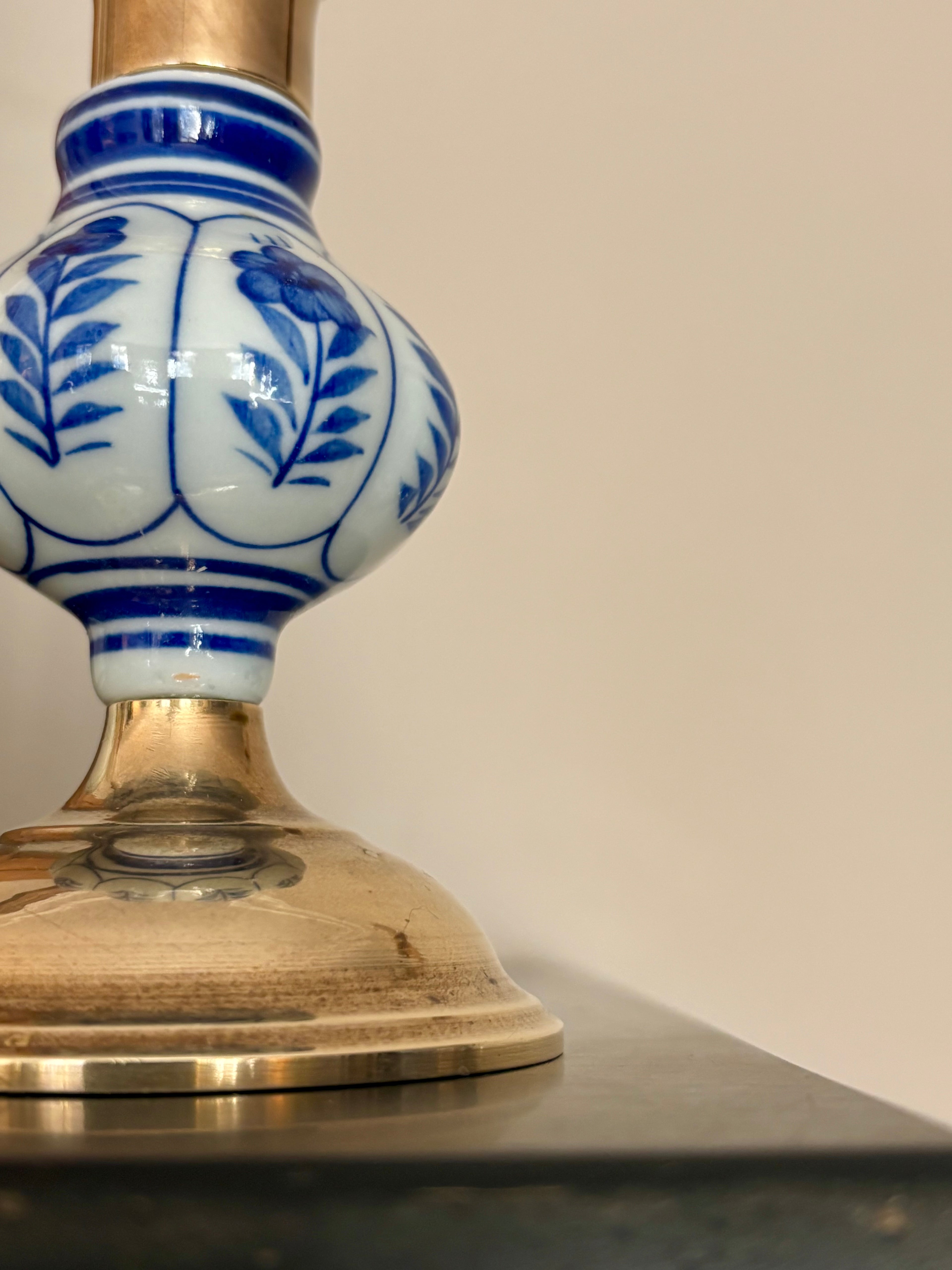 Bougeoir laiton et porcelaine peint