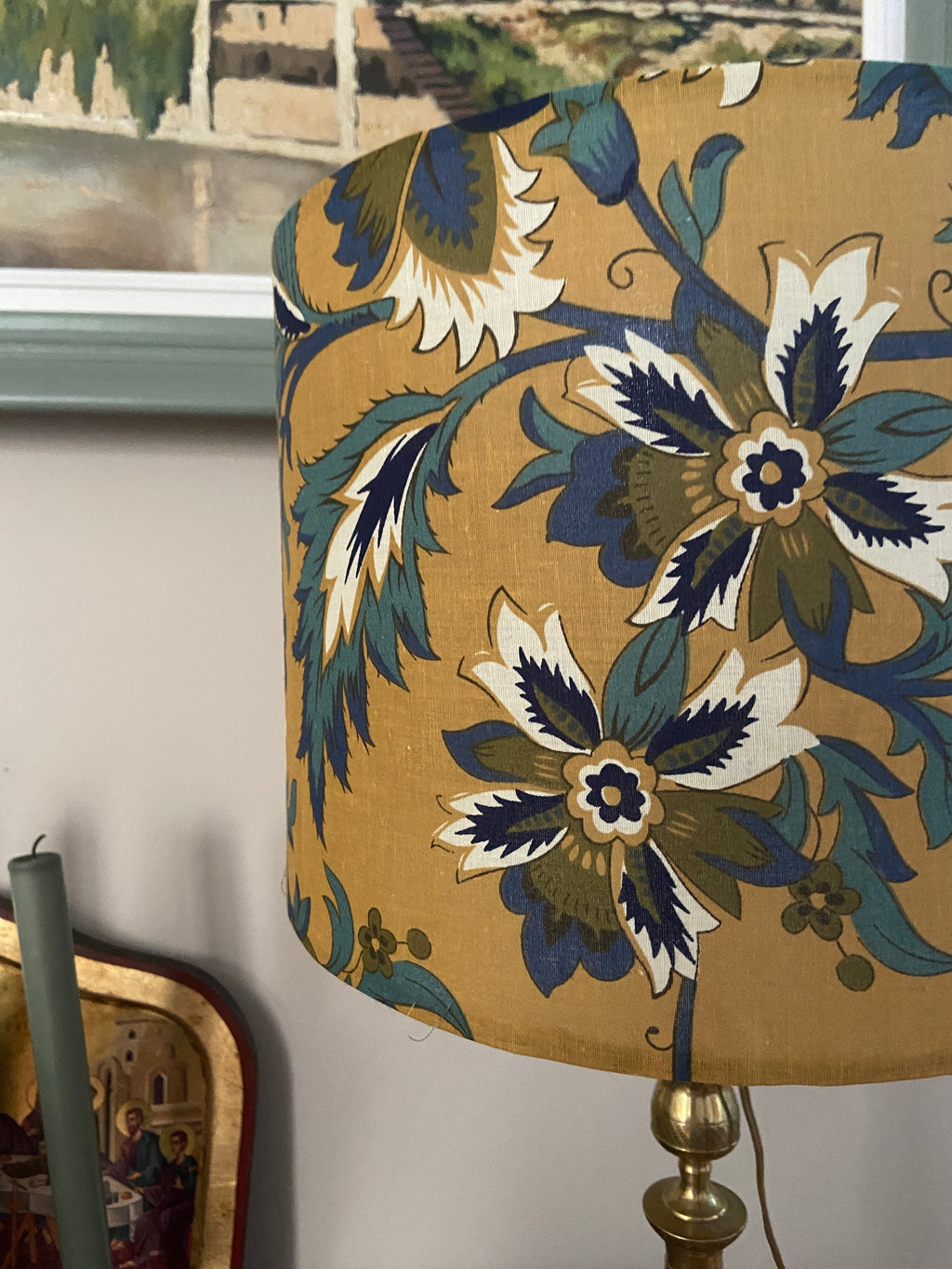 Lampe laiton et son Abat-jour fleuri