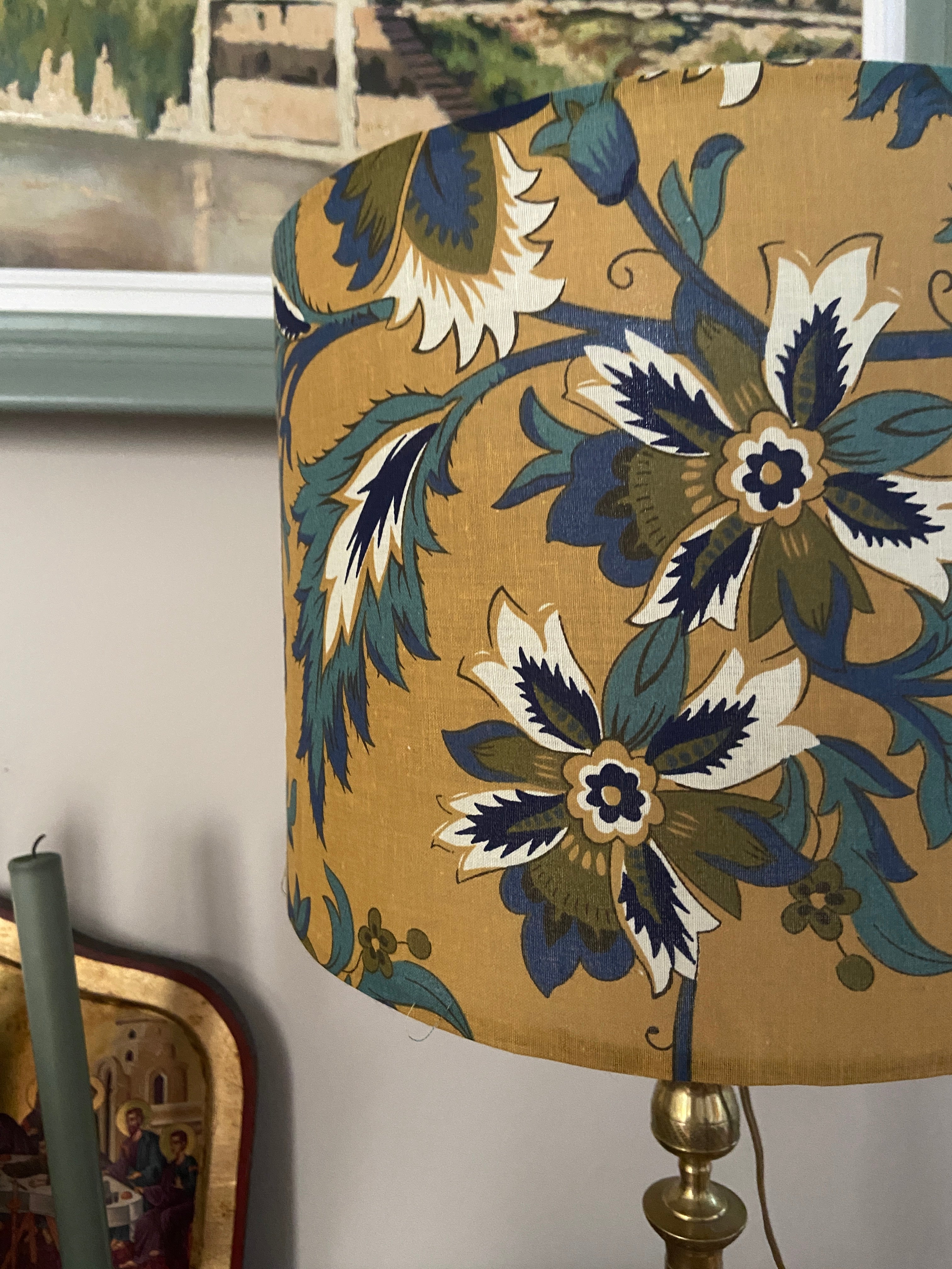 Lampe laiton et son Abat-jour fleuri