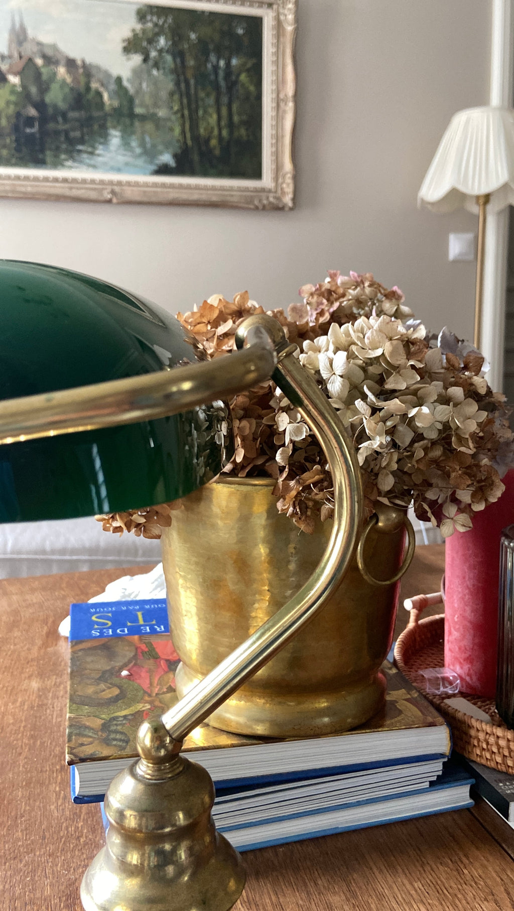 Lampe de bureau en laiton et verre vert