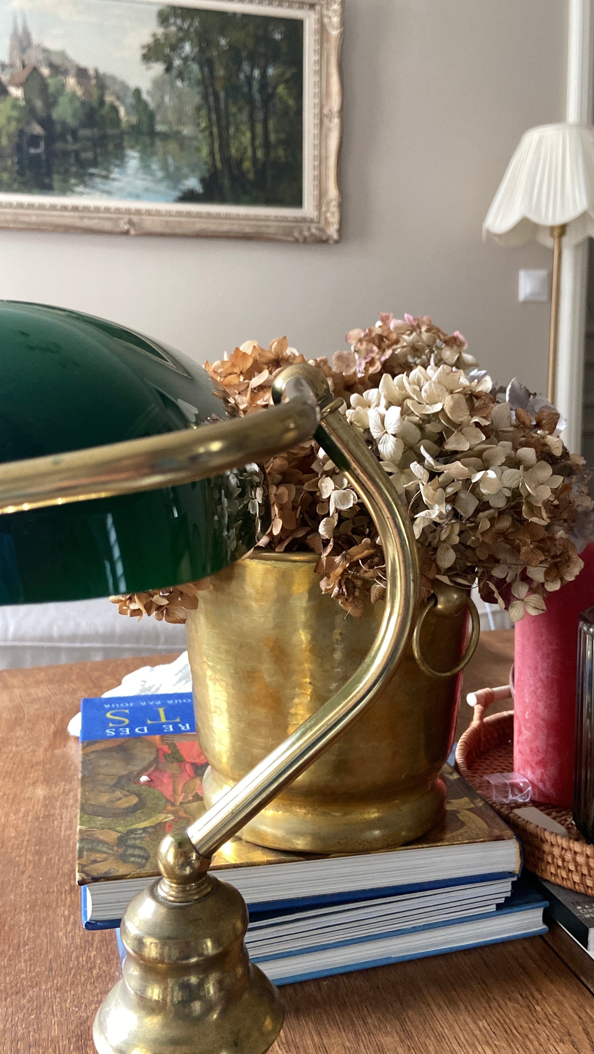 Lampe de bureau en laiton et verre vert